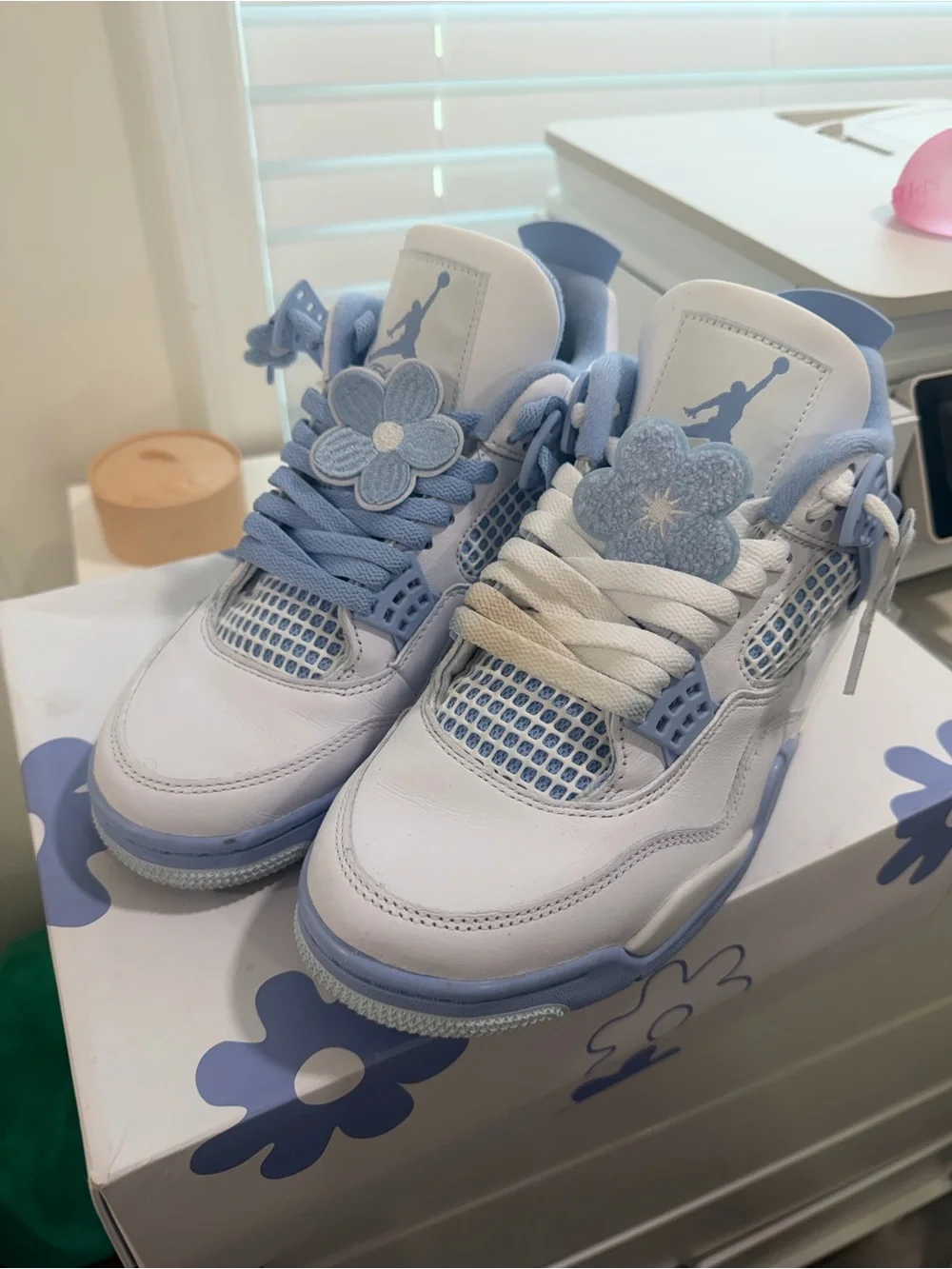 White and Light Blue Jordan 4s Sneakers with Flowers